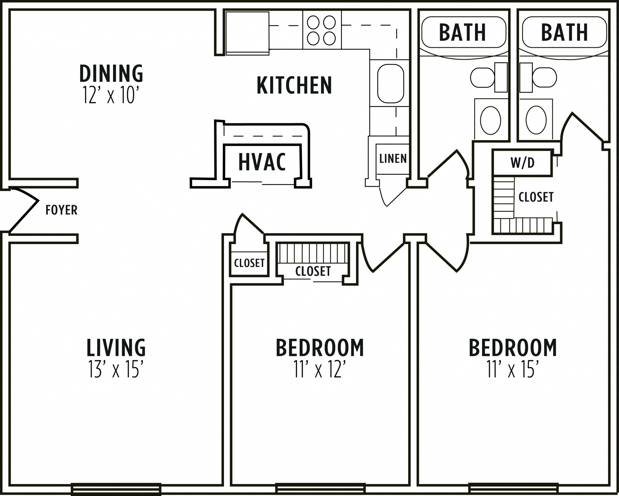Floor plan for 2 beds, 2 baths, 980 sqft
